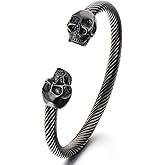 COOLSTEELANDBEYOND Elastic Adjustable Unique Mens Skull Cuff Bangle Steel Twisted Cable Bracelet Polished