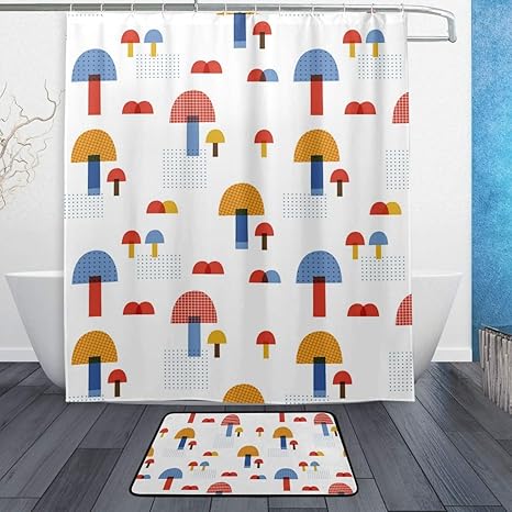 Amazon シャワーカーテン バスマット 2点セット きのこ柄 カラフル 浴室カーテン 防水 バスカーテン お風呂カーテン バスルーム お風呂マット 間仕切り 足ふきマット 目隠し 遮光 おしゃれ リング付き 取付簡単 バス用品 速乾 シャワーカーテン ホーム キッチン
