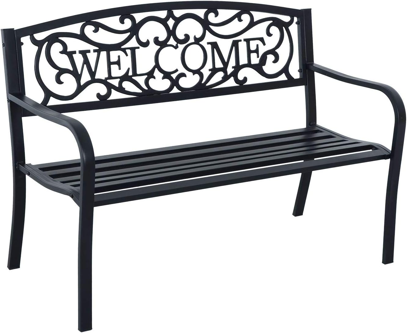 Azuma Welcome Bench Garden Furniture 2 Seater Outdoor Chair Seat Black Steel Seating With Message Backrest For Patio Conservatory Decking Deck Park Picnic Barbecue BBQ Party Family Friends Summer