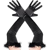 Dhthdrh Black Feather Long Satin Opera Wedding Elbow Length Gloves for Women Halloween 1920s Costume Evening Party Accessories