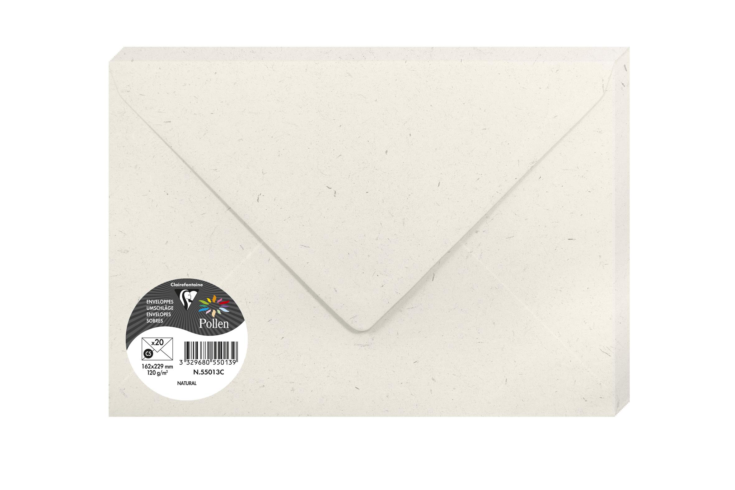 Clairefontaine 55013C 100% Recycled Paper Pack of 20 gummed envelopes C5 16.2x22.9cm 120g 100% Natura paper Invitations correspondence Pollen range Premium