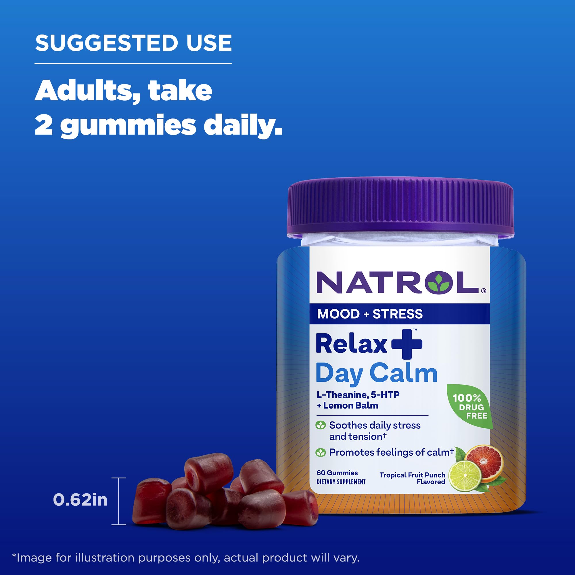 Natrol Mood+ Stress Relax+ Day Calm Gummies for Occasional Stress, Tropical Fruit Punch, 60 Count, 60 Day Supply