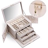 Vlando Lockable Jewelry Box Organizer with Key, 3-Tiered Storage Tray for Necklaces Earrings Rings Bracket Accessories Storage Display, Full HD-Mirror, Pink Beige