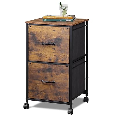 DEVAISE 2 Drawer Mobile File Cabinet, Rolling Printer Stand, Fabric Vertical Filing Cabinet fits A4 or Letter Size for Home Office, Rustic Brown Wood Grain Print