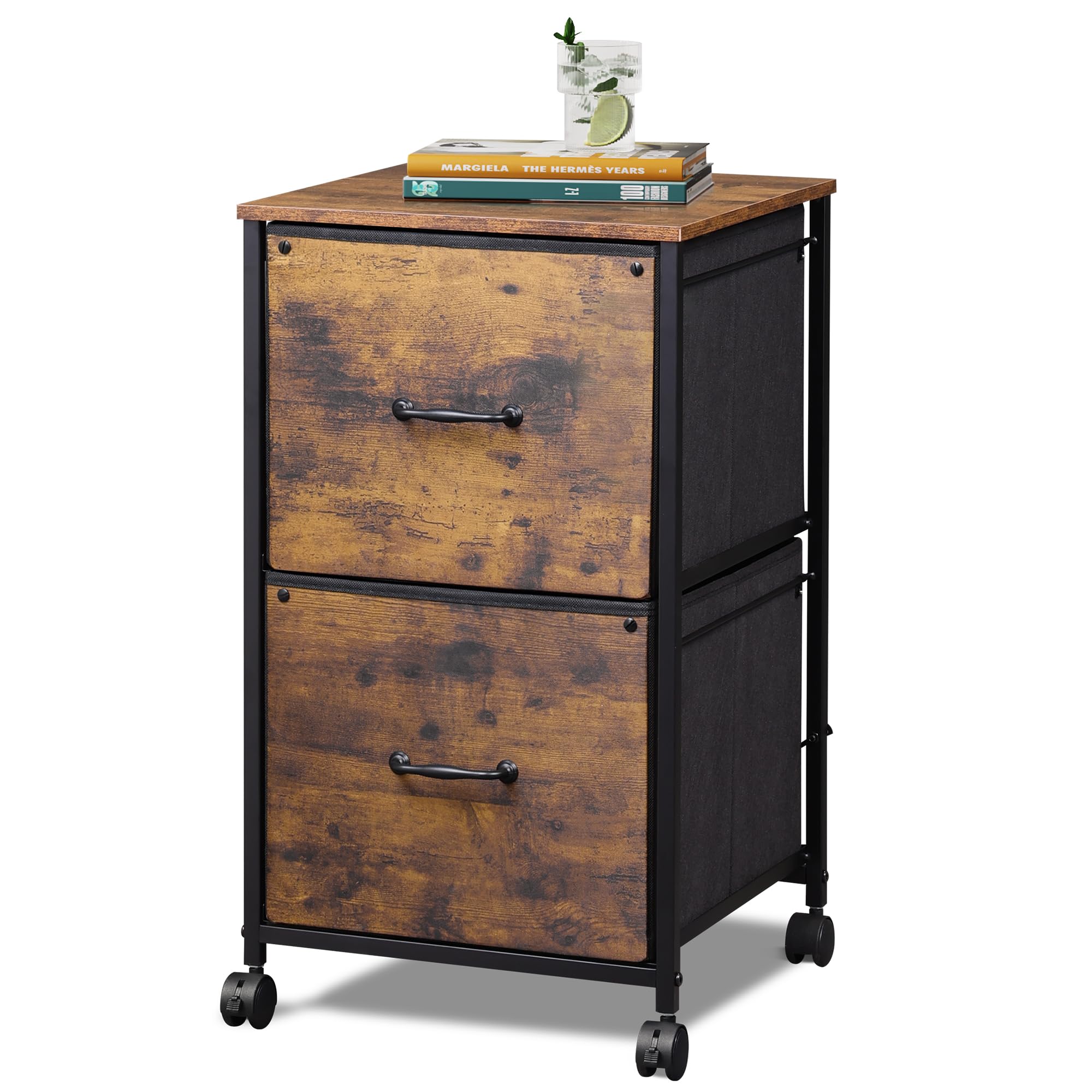 Photo 1 of *MAJOR DAMAGE*
DEVAISE 2 Drawer Mobile File Cabinet, Rolling Printer Stand, Fabric Vertical Filing Cabinet fits A4 or Letter Size for Home Office, Rustic Brown Wood Grain Print