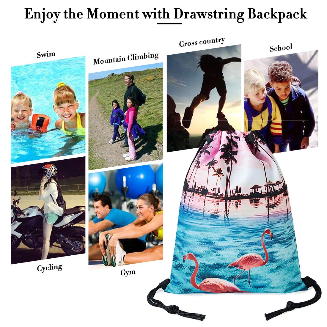 TUONROAD Childrens Travel Hiking School Drawstring Backpack 3d Custom Prints Lightweight Vacation Holiday Beach Theme Palm Tree Pink Flamingo Light Blue Seawater Sunset Glow Cute String Sack Pack