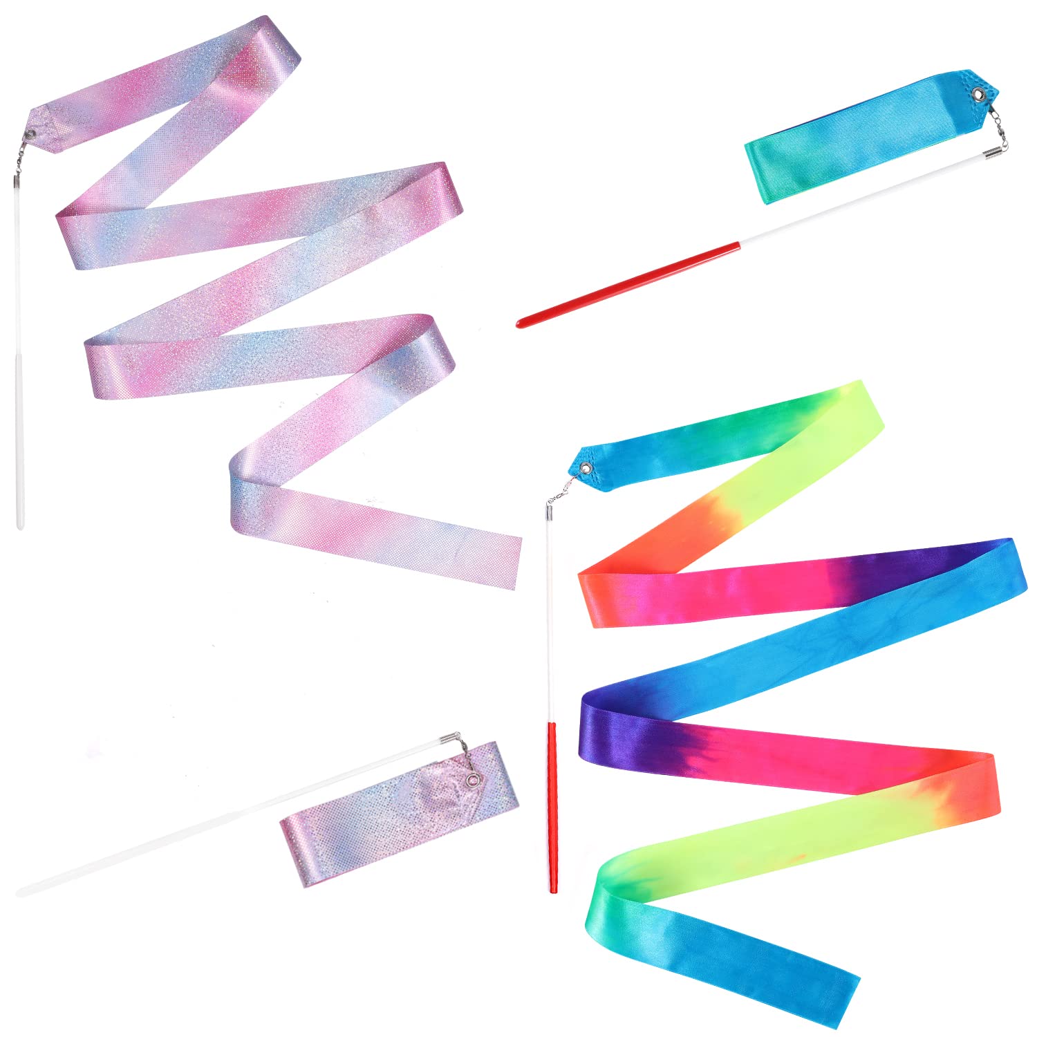 KINBOM 2pcs Dance Ribbons, 2m Kids Long Gymnastics Ribbon Twirling Ribbons Dancing Ribbon Streamers for Artistic Dance Training Party, with Ribbon Dancer Wand (Mixed Color+ Sparkling)