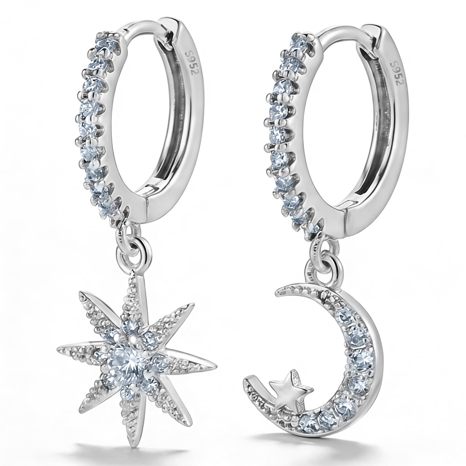 Newsmy Asymmetric Star and Moon Earrings 925 Sterling Silver Style Celestial Drop Huggie Hoops, Mismatched Moon Star Jewellery Valentines Birthday Mothers Day Gifts for Her Mum Wife Daughter with Box