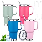 20oz Insulated Tumbler with Handle Stainless Steel Travel Coffee Mug with Lid and Straw Double Wall Vacuum Leak-proof Reusable Thermal Water Cup for Hot and Cold Drinks (Multicolor-3,4 Pack)