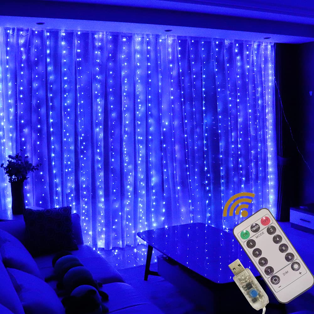 GUOCHENG Copper String Curtain Lights 3mx3m Curtain Fairy Lights USB Powered Window Light Strings with Remote Control for Home Bedroom Patio Wedding, Indoor Outdoor Decorations-Blue