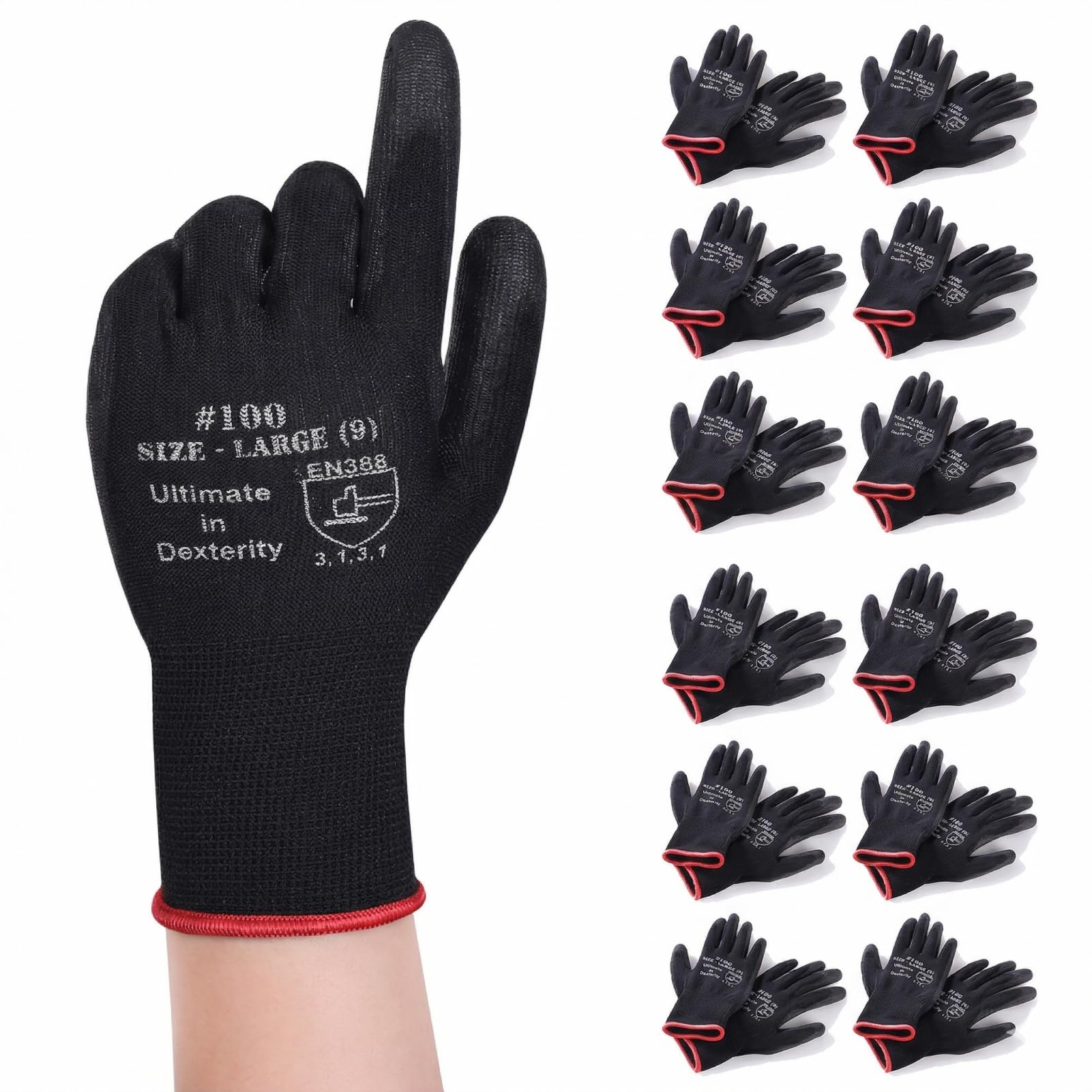 Donfri 12 Pairs PU Coated Safety Work Gardening Gloves Men High Performance EN388 Black Non-slip Protective Handling Gardening Builders Mechanic Breathable Washable (L/9)