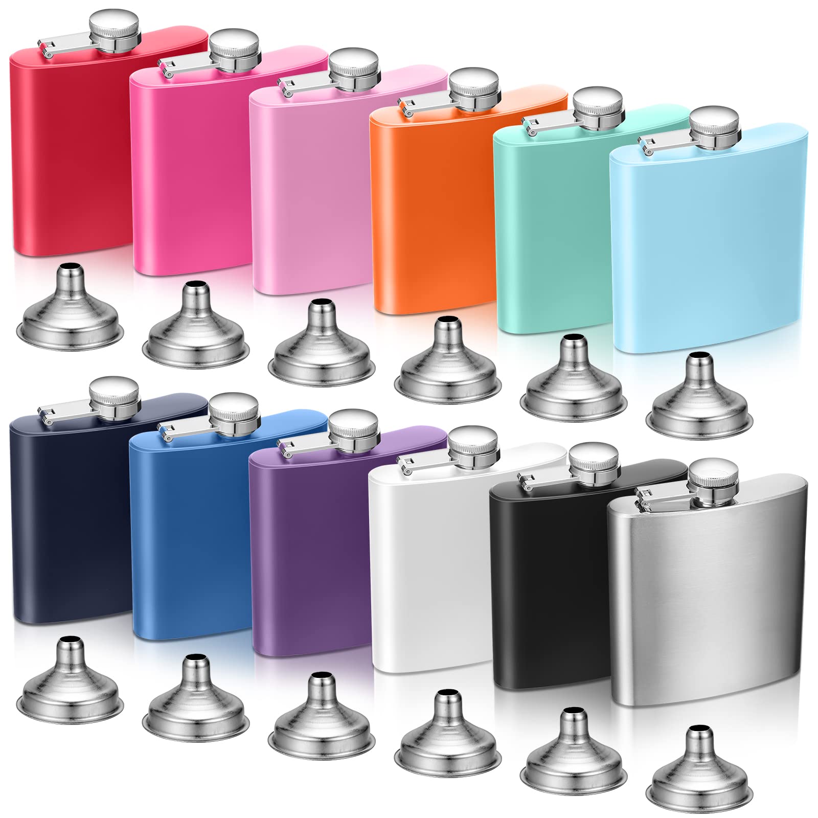 Photo 1 of 12 Pcs Stainless Steel Hip Flask for Liquor Bulk Leak Proof Stainless Steel Flask Set with 12 Pcs Funnel for Alcohol Women Men Bridesmaid Groomsmen Party Wedding Birthday Gift, Colorful (6 oz)