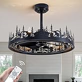 MOOONICHE 25'' Farmhouse Ceiling Fan with Light and Remote, Rustic Light Fixtures with Adjustable Height, Black Chandeliers f