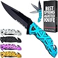 Blue Pocket Knife for Men - 440C Steel Serrated Blade - Glass Breaker for Emergency Survival - Folding Knives with Clip for Camping EDC - Hunting & Tactical Tools - Gifts for Dad Husband HB 207 BL