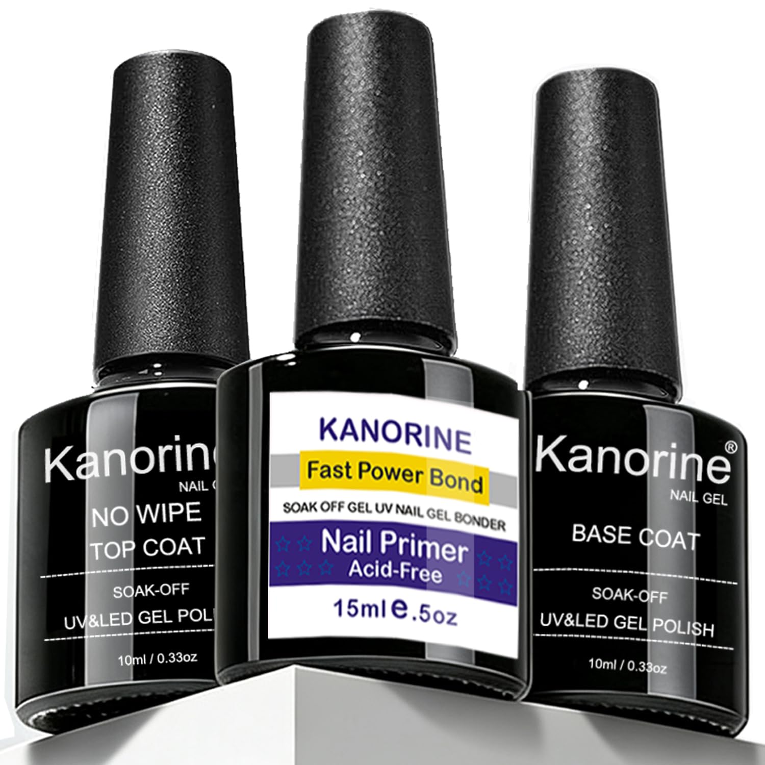 Kanorine® UV/LED Nail Gel Polish 3 in 1 Set(Nail Primer+Base Coat +Top Coat) non-acid Natural/Acrylic Nails Primer Liquids gel bonder Agent Bonder soak-off no-wipe GelPolish 10mlx3