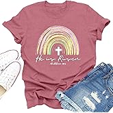Dabon Christian Shirts for Women He is Risen T-Shirt Cross Rainbow Jesus Faith Tee Tops