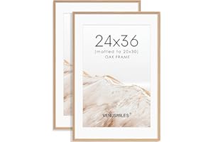 Venusmiles 24x36 Poster Frame Set of 2 Natural Solid Oak Photo Frames with 20x30 Removable Mat Wall Hanging Large Handcrafted Frame with HD Plexiglass Wall and Tabletop Display Large Picture Frame