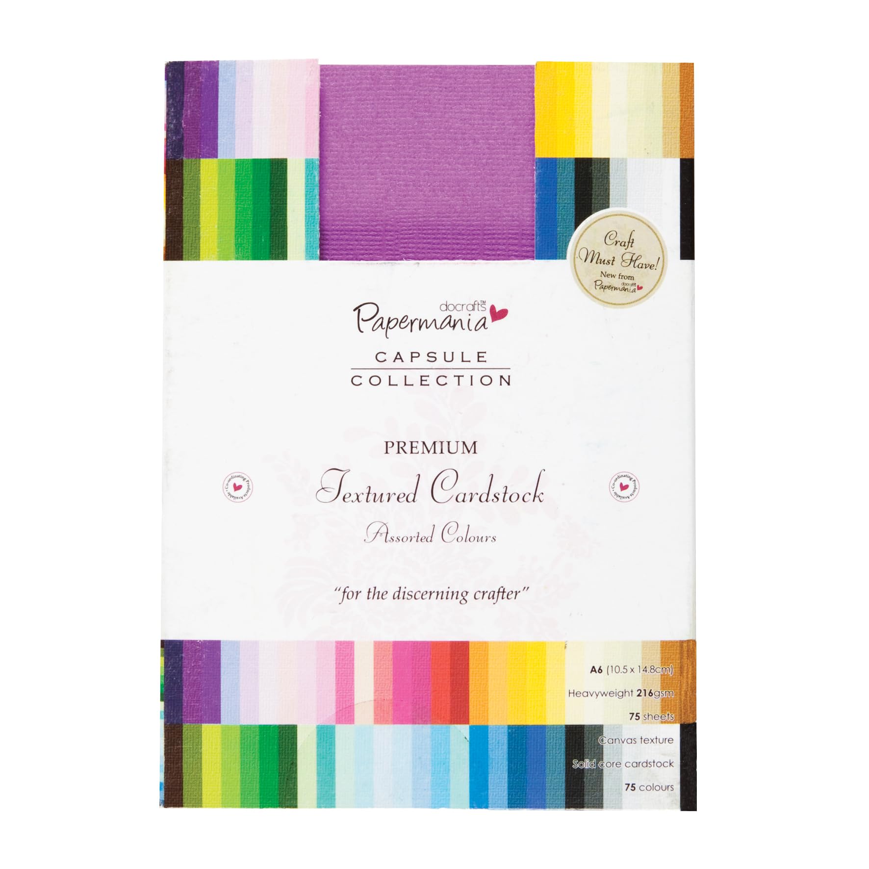 Papermania Premium Textured Cardstock, Multicoloured, A6, 75 Sheets, Coloured Card for Craft Projects and Scrapbook Supplies, Cardmaking, Art