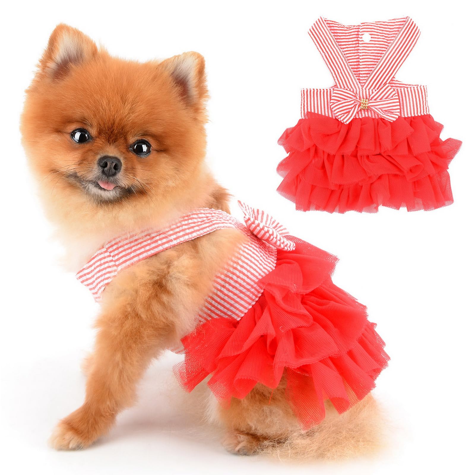 PAIDEFUL Small Dog Dress Striped Denim Organza Bow Beads Tutu Skirt Summer Soft Comfortable Breathable Puppy Clothes Sleeveless Button Kitten Apparel, Red, M