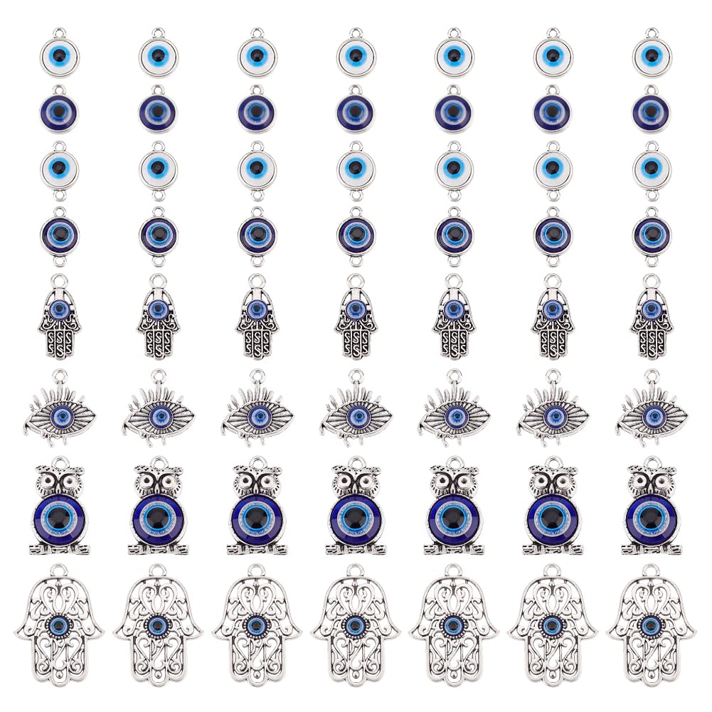 arricraft 32 Pcs Evils Eye Charm, Demon Eye Charm Blue Antique Silver Alloy Bead Pendant Evil Eye Connector Linking for Necklace Bracelet Keychain Jewelry Making Craft Decorations