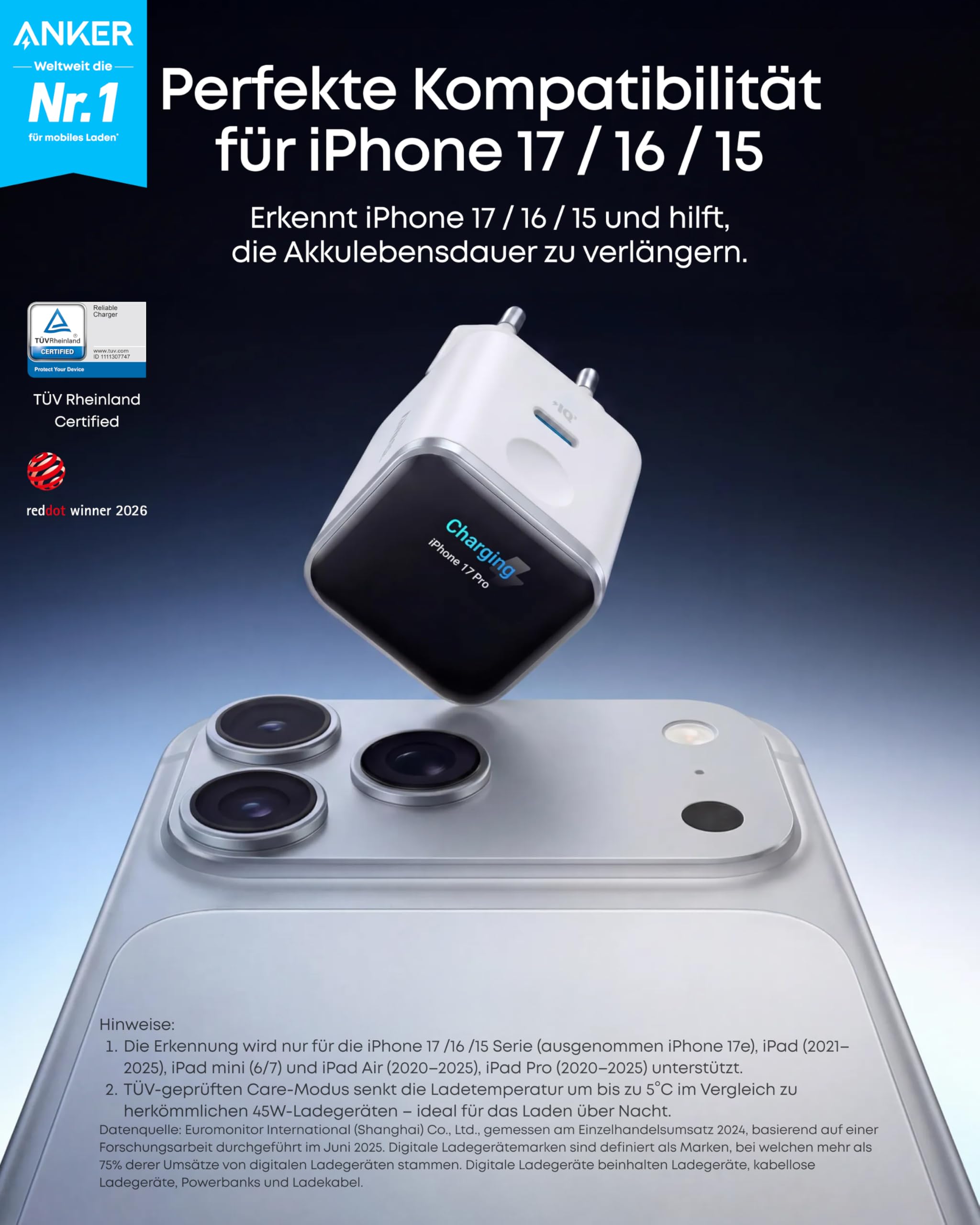 Anker Smart Ladegerät, Anker Nano 45W USB C Ladegerät mit Display und intelligenter Erkennung, integriertem Schonmodus, kompaktes GaN Schnellladegerät für iPhone 17/16/15 Serie, iPad, MacBook 2