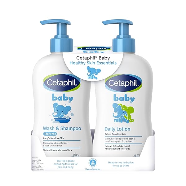 CETAPHIL BABY WASH & SHAMPOO PLUS BODY LOTION, HEALTHY SKIN ESSENTIALS, HEAD TO TOE HYDRATION FOR UP TO 24 HOURS, FOR DELICATE, SENSITIVE SKIN, 2-PACK,WHITE