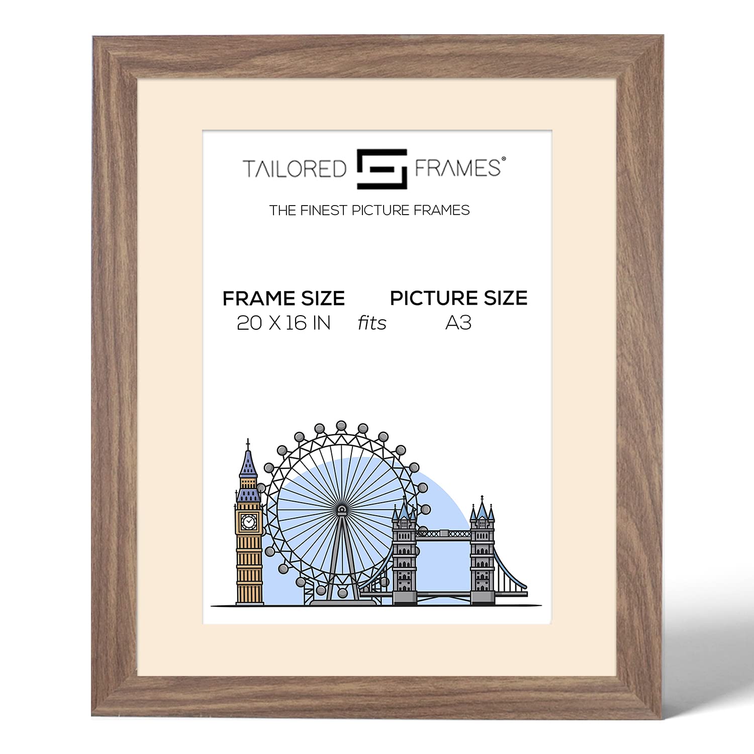 Tailored Frames Seattle Walnut 20" x 16" Frame for A3 Picture | Single Picture Frames | Wall Hanging Type | Photo Frame With Antique Mount
