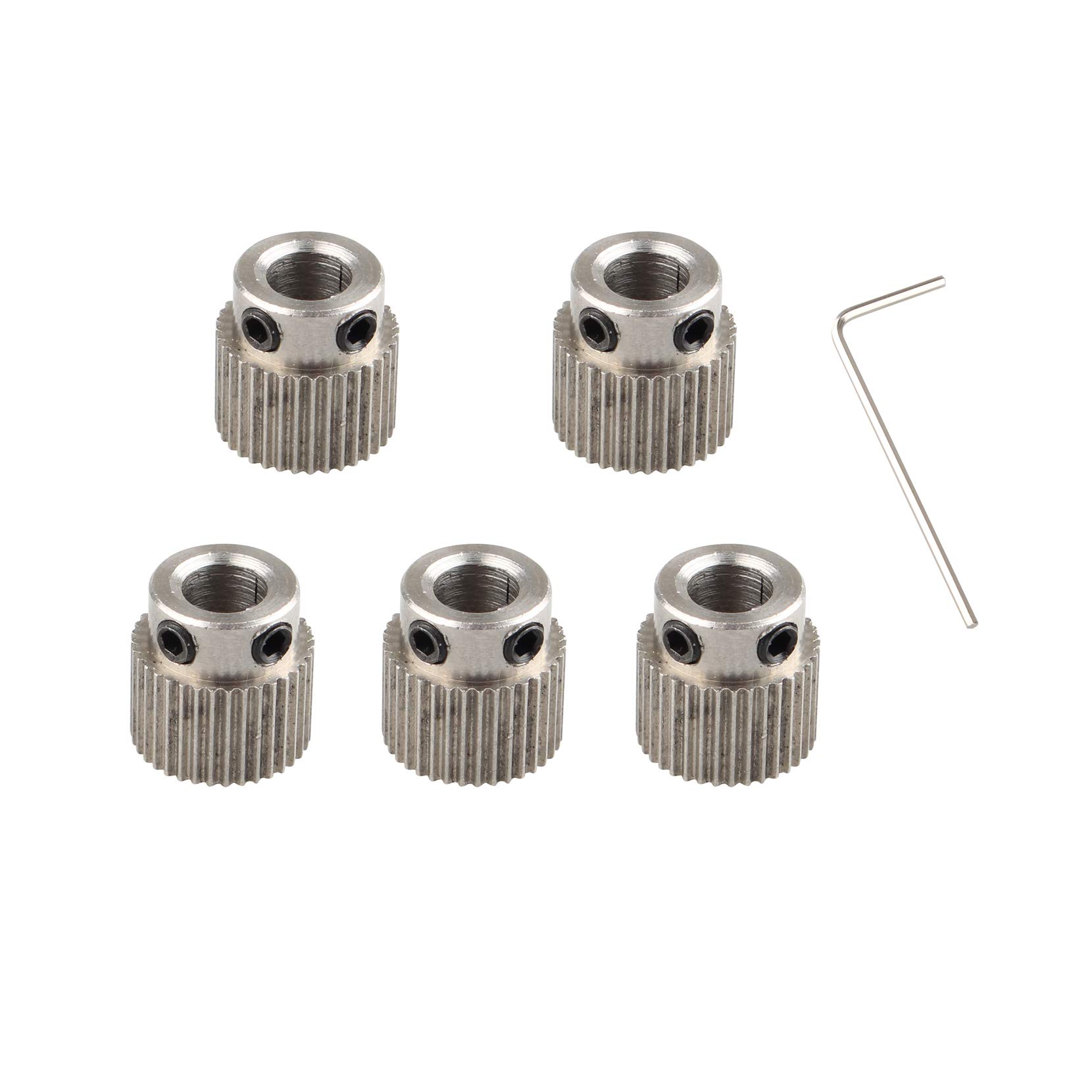 Jopto 5Pcs 3D Printer Extruder Gear Wheel Accessories Stainless Steel Drive Gear Compatible with MK7 MK8 Extruder 36 Teeth Bore 5mm Light and 1Pcs 1.5mm Wrench for 3D Printer