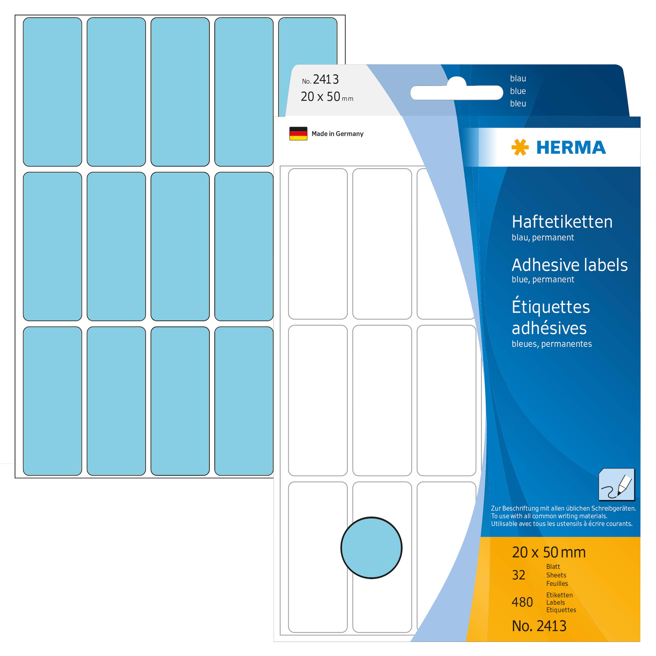 HERMA Multi Purpose Labels, 15 Labels per Sheet, 32 Sheets, 20 x 50 mm, 480 Labels, Self Adhesive Small Labels Stickers, Blank Sticky Labels for Office Kitchen Home, Blue