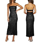 YISENRIY Women Strapless midi Sequin Dresses Bodycon Sleeveless Wedding Guest Sparkly Glitter Formal Cocktail Dress