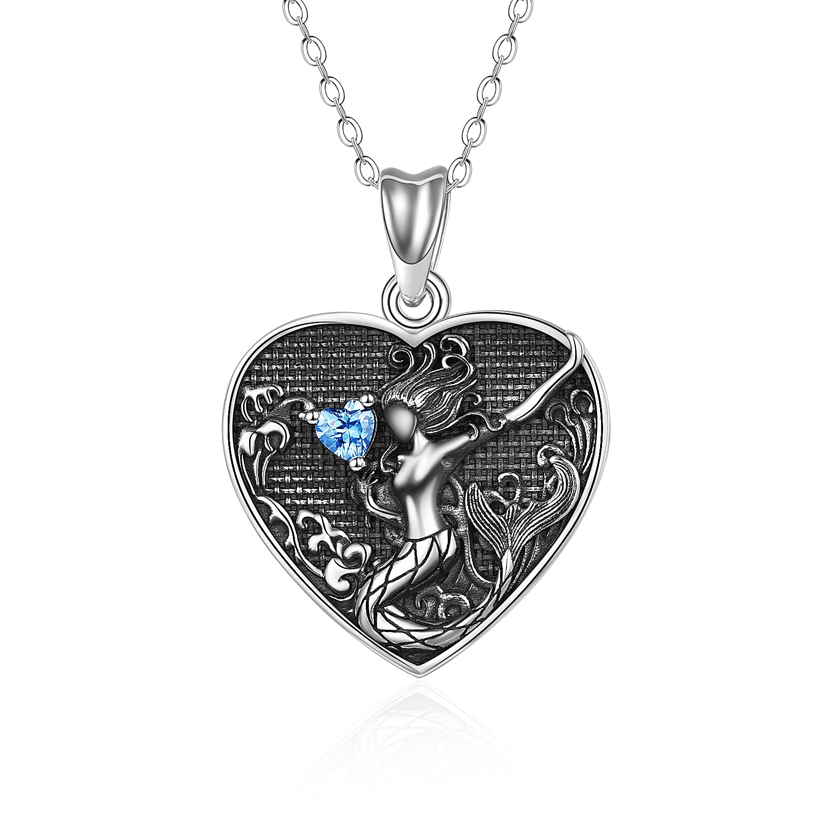 URONE Mermaid Necklace Sterling Silver Little Mermaid Jewellery Heart Pendant Necklace with Adjustable Chain 18+2" Girls Teen Fairytale Jewellery Gifts Daughter,Grandaughter, Niece