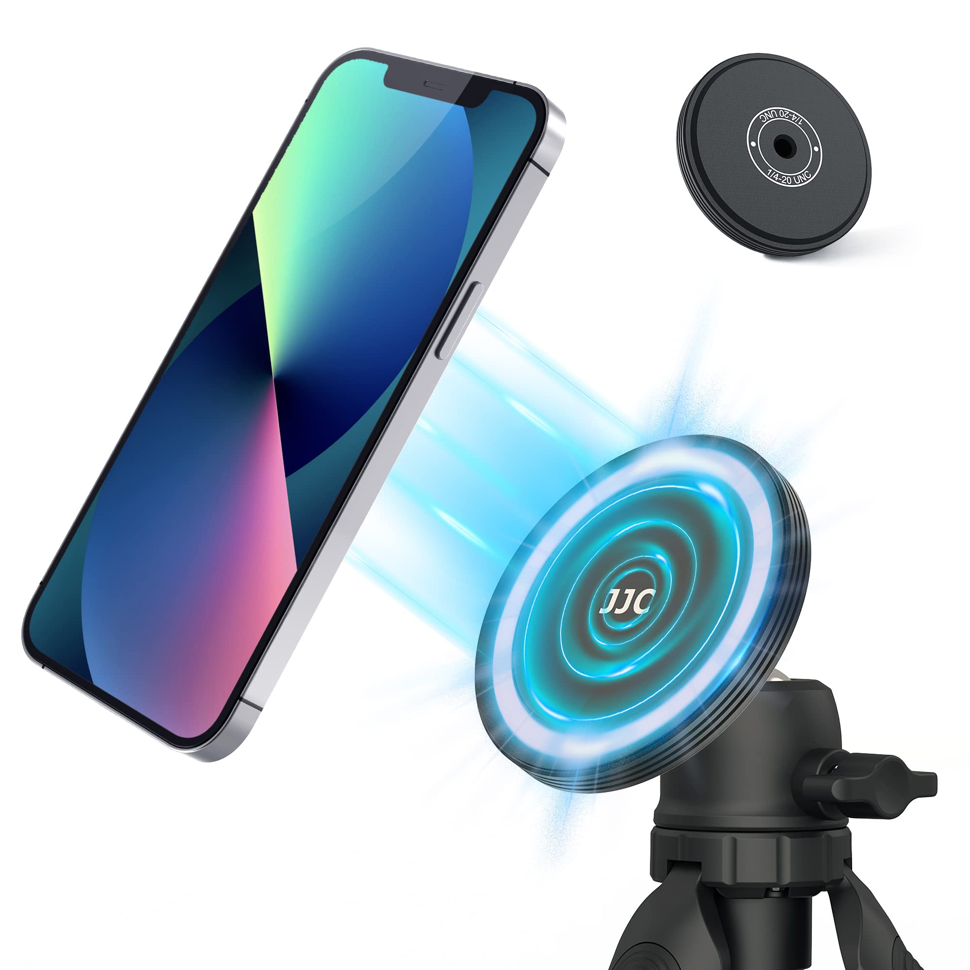 JJC Magnetic MagSafe Phone Tripod Mount, Phone Magnet Holder Tripod Adapter with 1/4"-20 Screw Compatible with iPhone 17 16 15 14 13 12 Pro Max Plus Mini and MagSafe Case