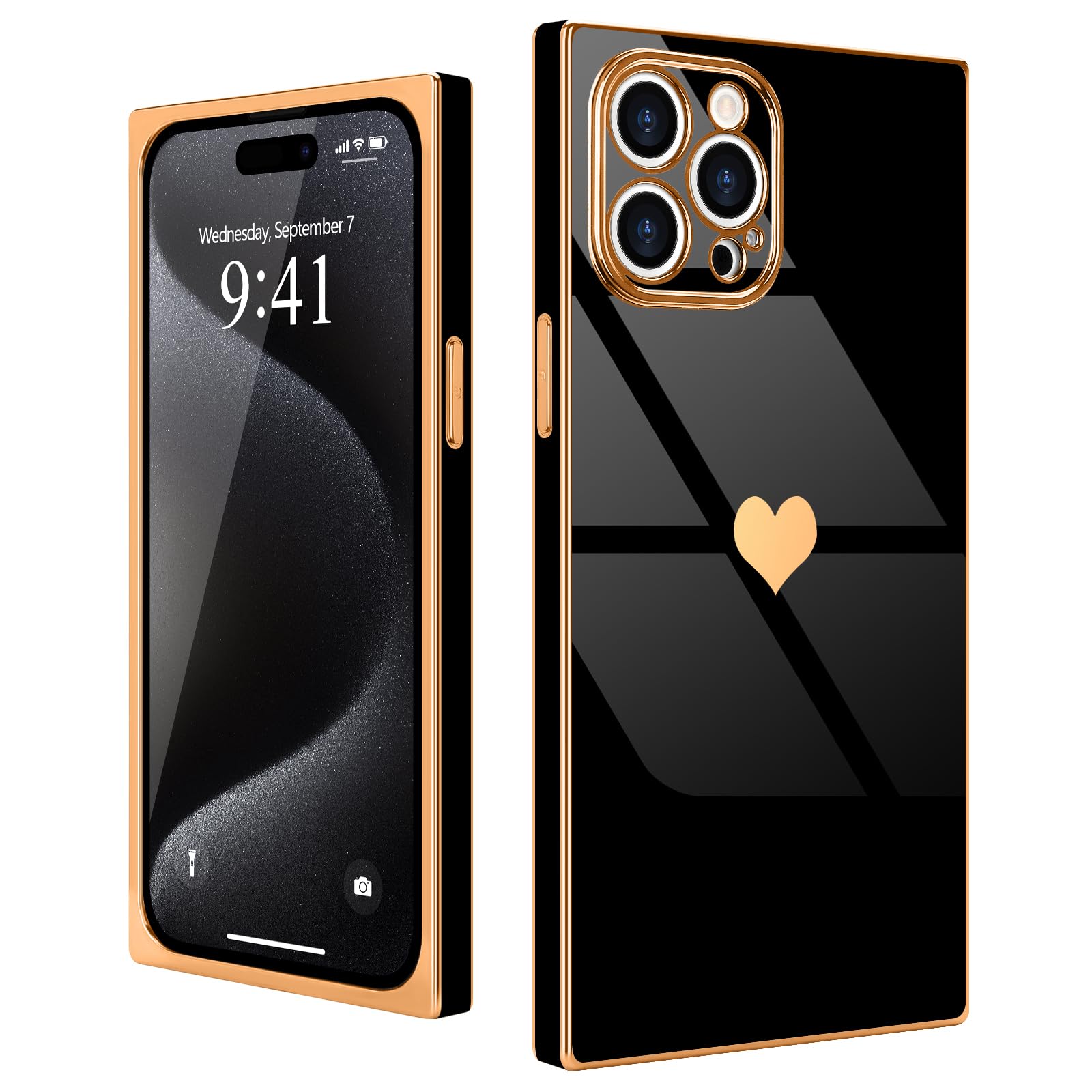Urarssa for iPhone 15 Pro Max Case Cute Rectangle Heart Pattern Luxury Gold Plating Cases Women Girls Shockproof Bumper Silicone Protective Cover for iPhone 15 Pro Max-Black — image 1