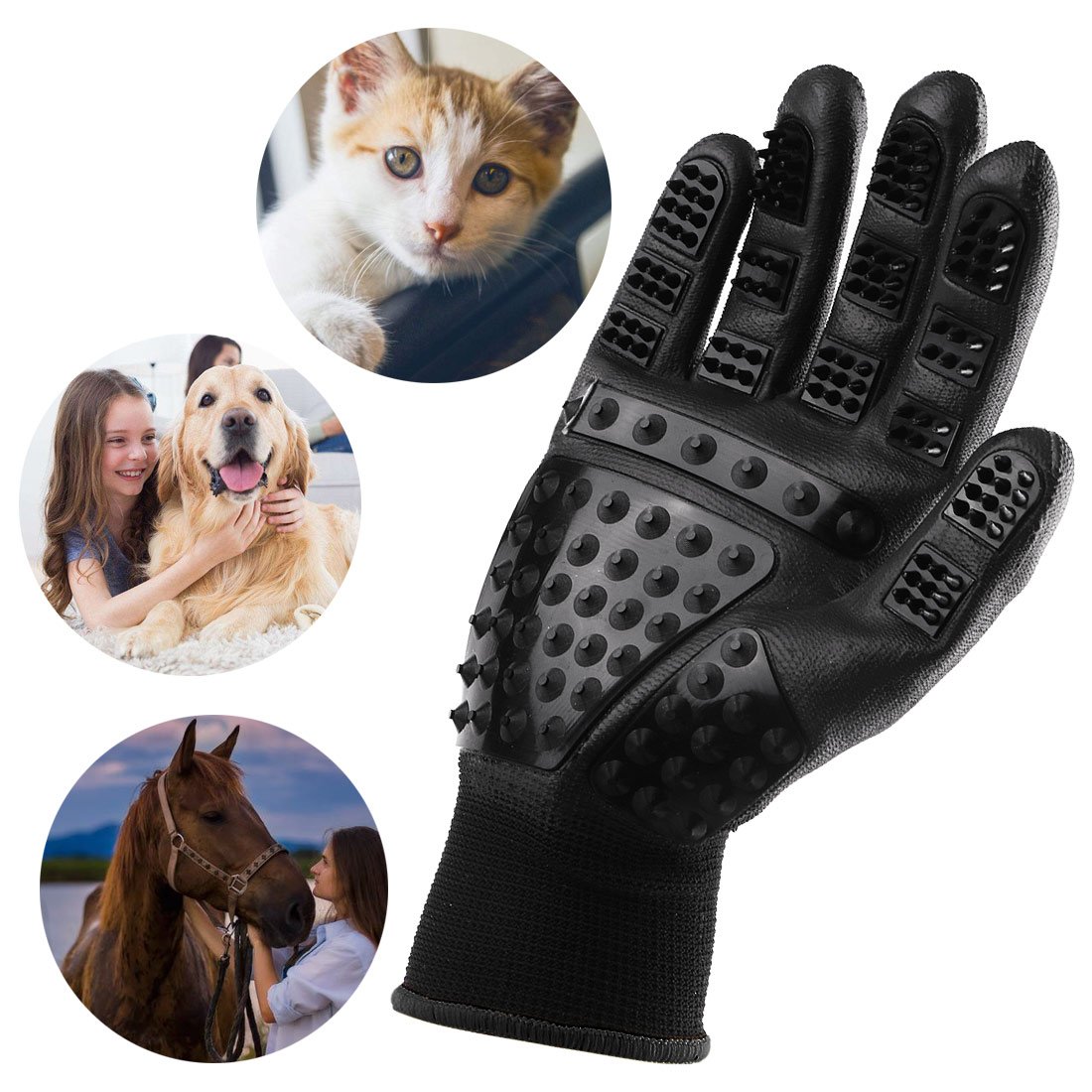 ACTOPP Pet Grooming Gloves Hair Remover Deshedding Massaging Bathing Tool Glove Brush Effective for Long and Short Hair Dogs, Hats, Horses, One pair 23X12X1 CM (Black)