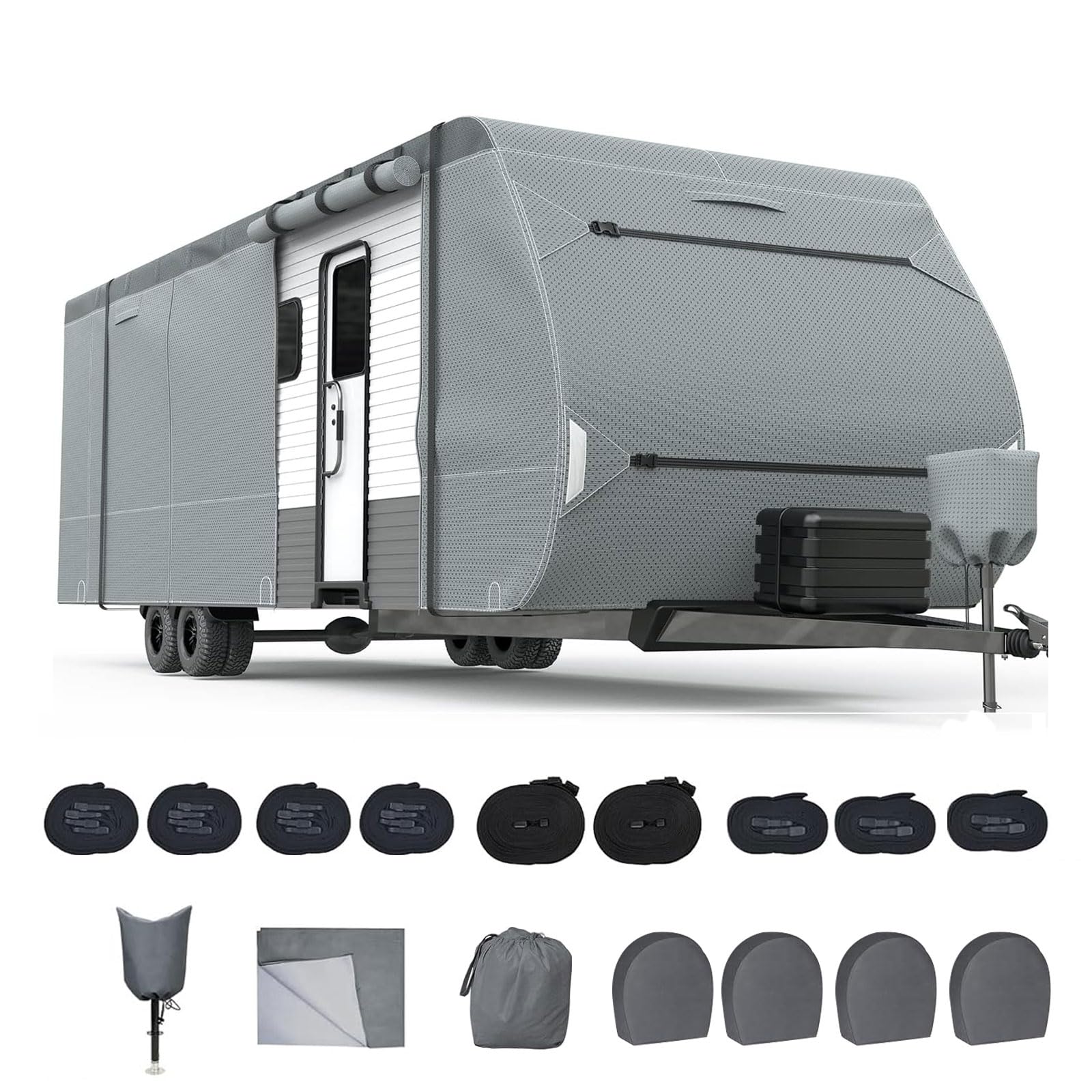 Upgraded 8-Layer RV Cover For 20-22 Ft Trailers – Windproof, Waterproof, With Tire Covers & Jack Cover