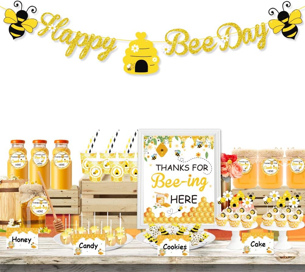 UTOPP Bee Party Decorations Set - Happy Bee Day Banner Dessert Table Favors Food Tents Sign Cup Stickers Gift Tags with String for Kids Honey Bee Birthday Party,Honeycomb Baby Shower,Sweet as Can Bee Party Decor