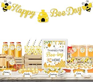 UTOPP Bee Party Decorations Set - Happy Bee Day Banner Dessert Table Favors Food Tents Sign Cup Stickers Gift Tags with String for Kids Honey Bee Birthday Party,Honeycomb Baby Shower,Sweet as Can Bee Party Decor