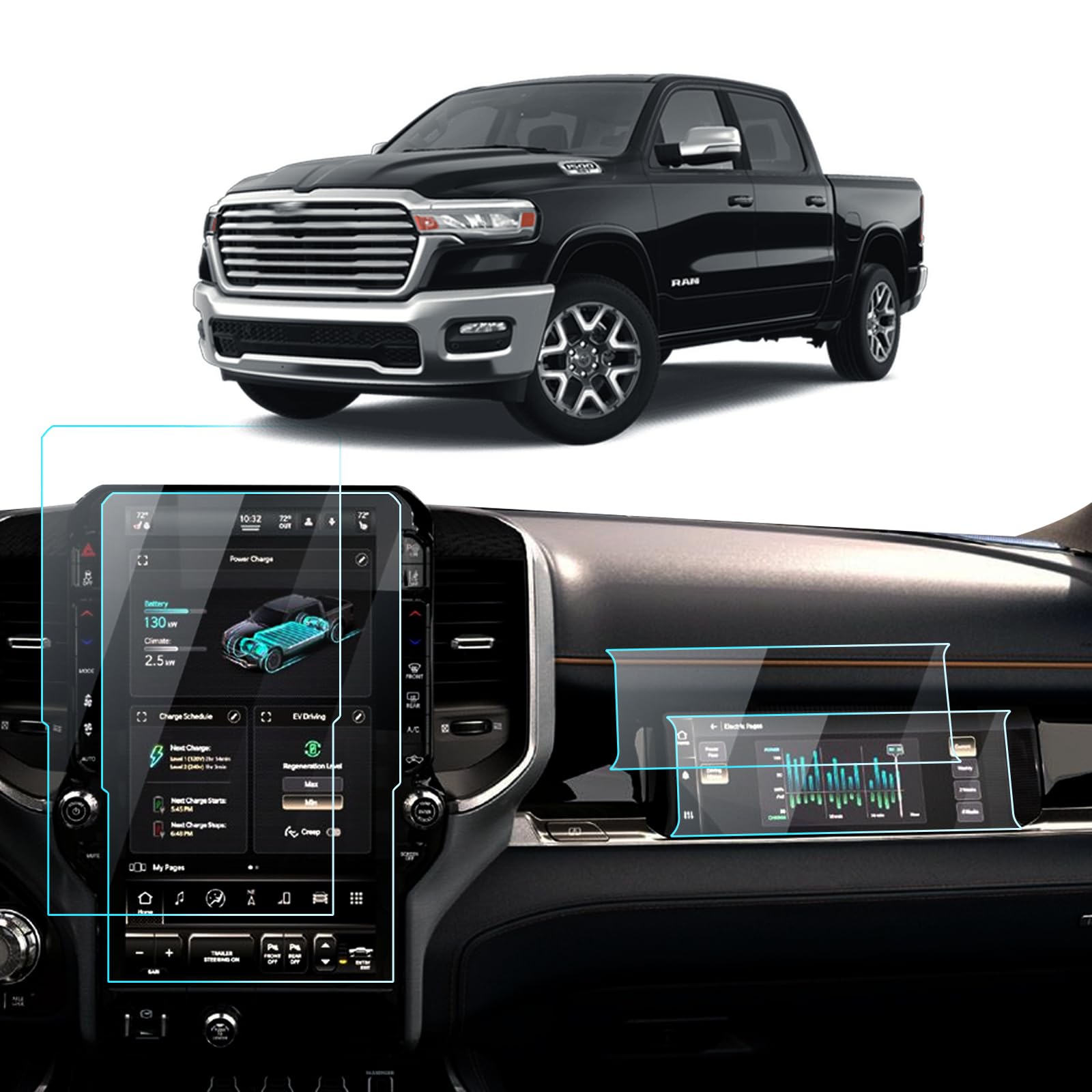 Photo 1 of LANTU 2025 2026 ram 1500 screen protector for Dodge RAM 1500 2500 3500 Laramie/Rebel/Limited/Limited Longhorn/Tungsten Uconnect Accessories Navigation & Passenger Seat Nano Screen Protector Film 14.4''&10.25''-4 Pack