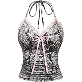 BEAUDRM Women's Y2k Lace Halter Tops Camo Print Tie Backless Fitted Crop Tops