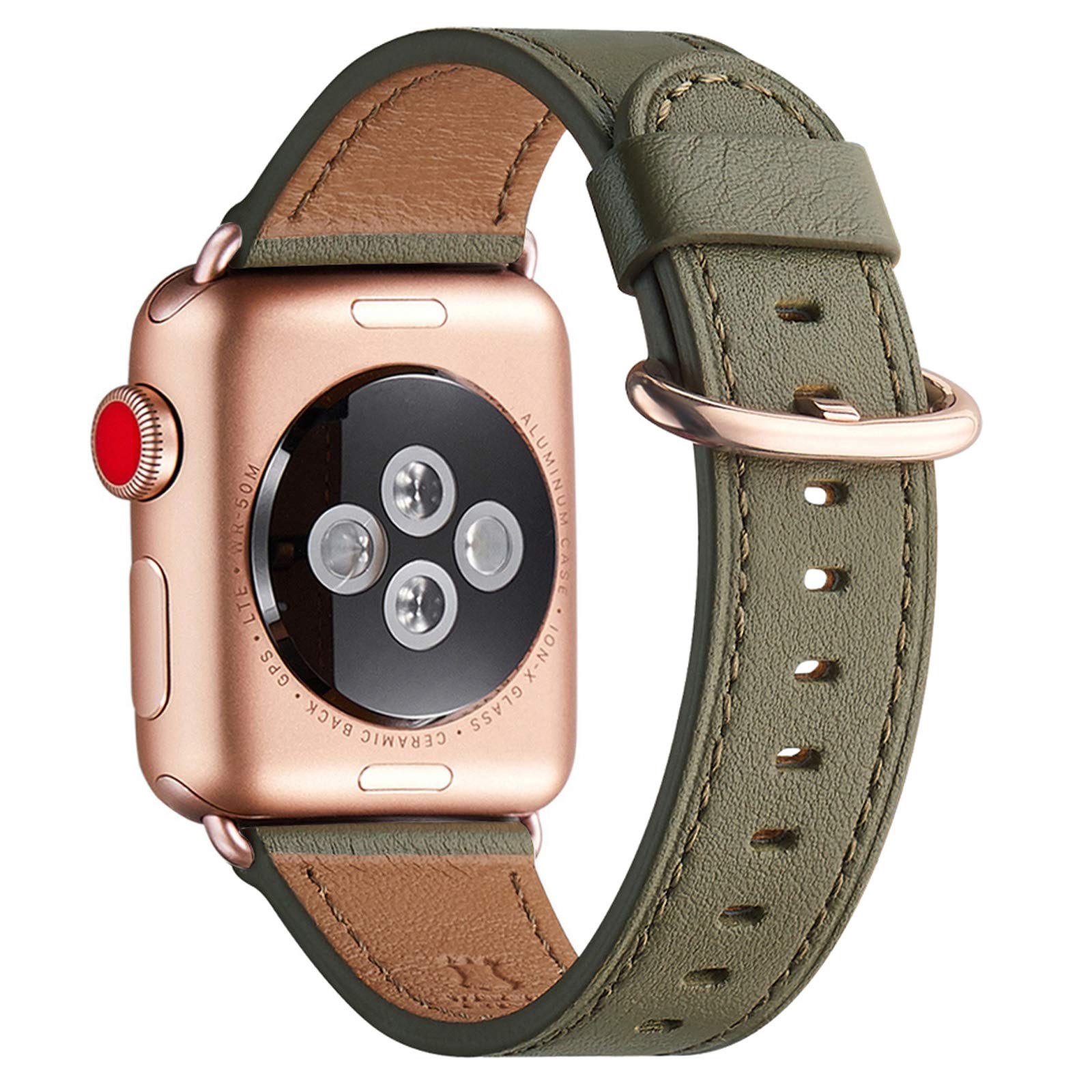WFEAGL Strap Compatible for Watch Strap 42mm 44mm 45mm,Many Colours of Top Grain Leather Band Replacement Strap with Watch Series 8/7/6/5/4/3/2/1,SE(42mm 44mm,Olive Green Band+RoseGold Adapter)