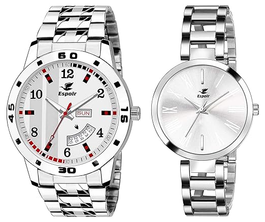Analog Stainless Steel Silver Dial Couple Watch - White-ManishaBrock