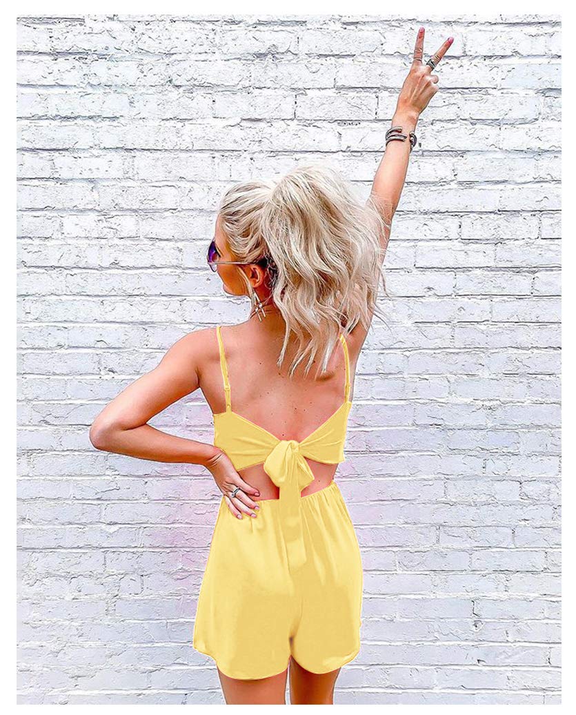 Women\'s Cute Knot Spaghetti Strap Solid Color Chiffon Sleeveless Short Pants Romper Jumpsuit Yellow M