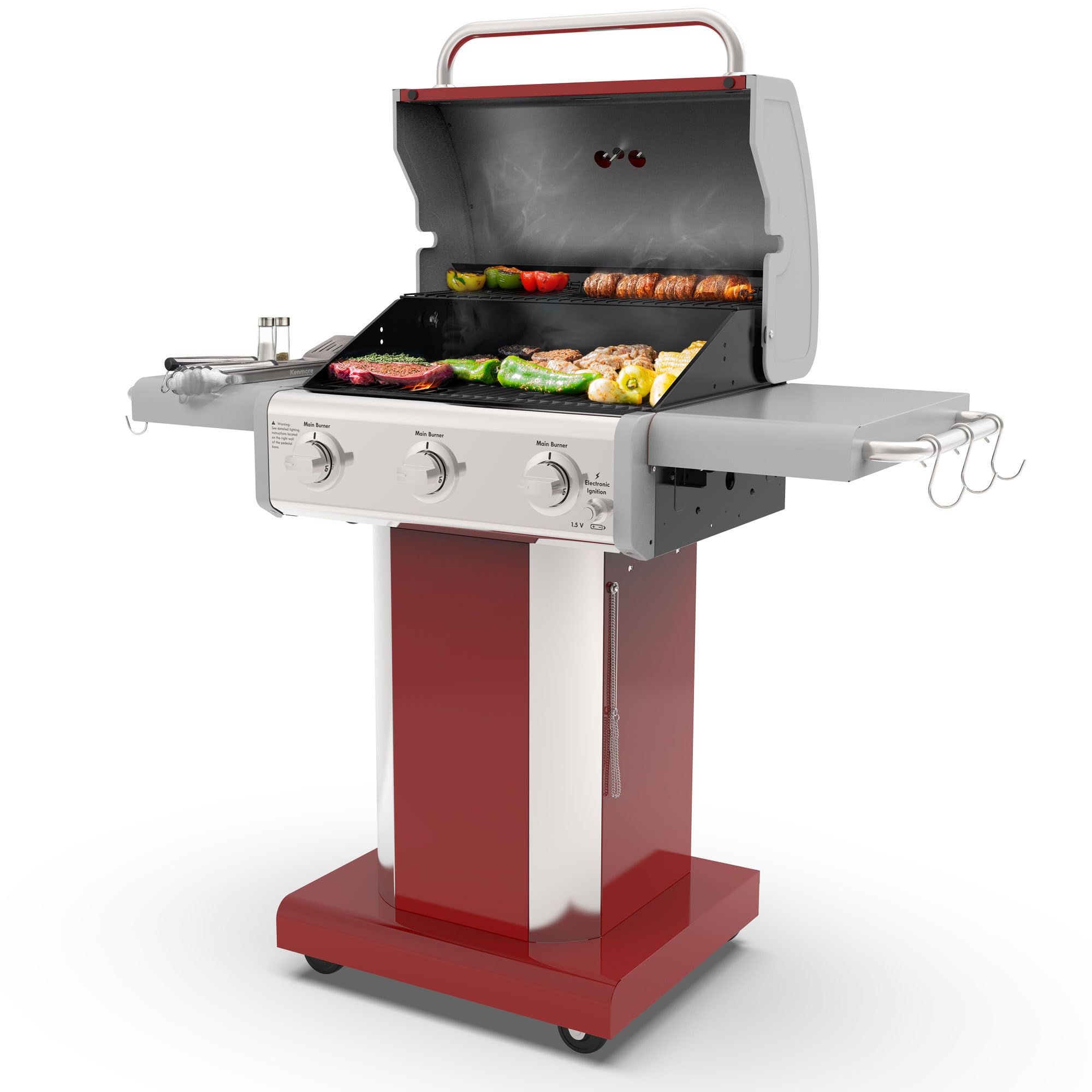 Photo 1 of Kenmore 3-Burner Outdoor BBQ Grill | Liquid Propane Barbecue Gas Grill with Folding Sides, PG-A4030400LD-RD, Pedestal Grill with Wheels, 30000 BTU, Red