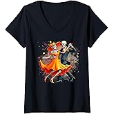 Womens Dia De Los Muertos Skeletons Dancing Mexican Sugar Skull V-Neck T-Shirt