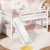 TOLEAD Low Bunk Bed with Slide, Twin Over Twin Loft Bed w/ Climbing Ladder | Solid Wood Bed Frame with Full Guardrails, Strong Slats, Space Saving for Kids Teen, No Box Spring Needed, Easy Assembly