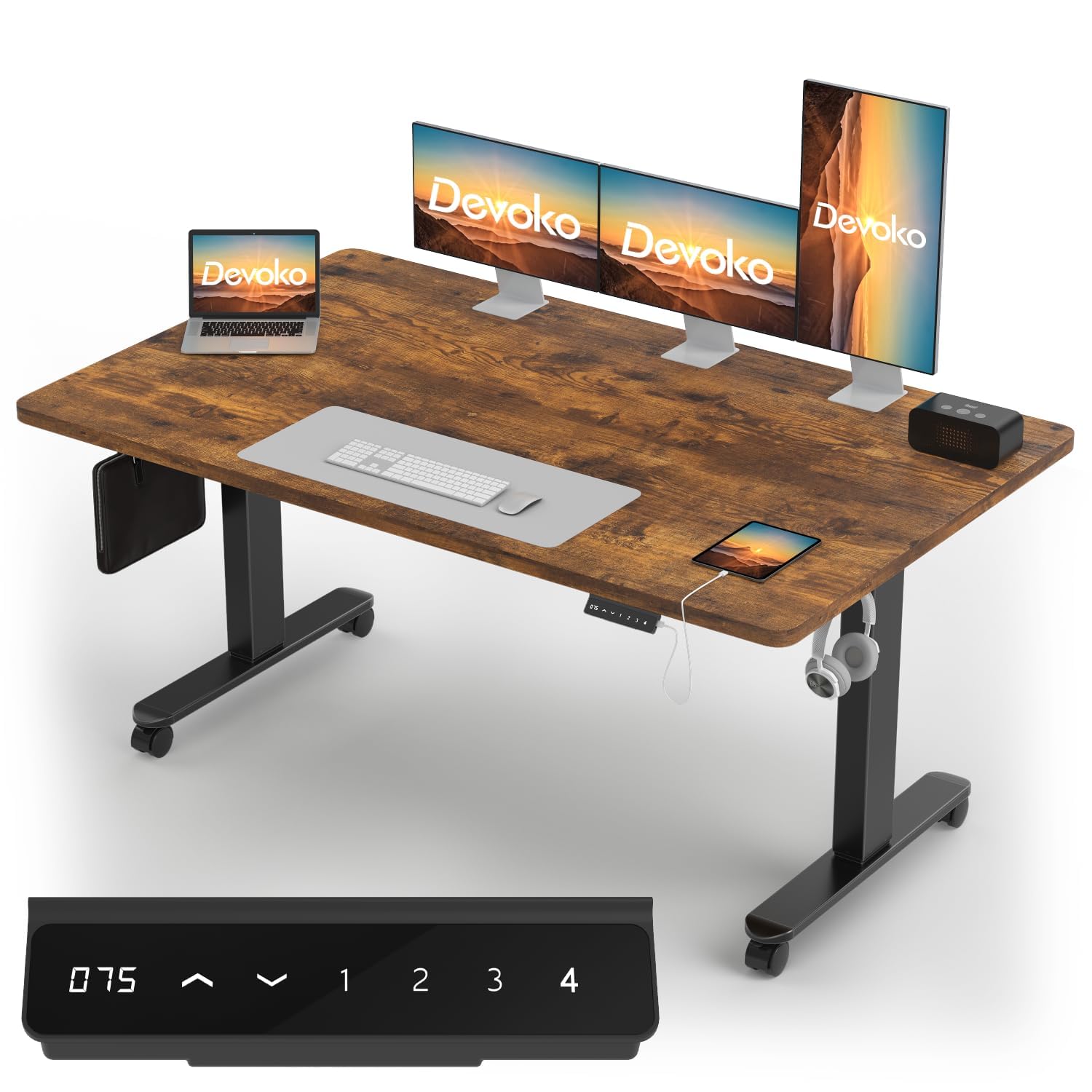 Devoko Höhenverstellbarer Schreibtisch mit 2 Motoren，25mm Einteilige Tischplatte, 160x80 cm Mobiler Elektrisch Computertisch mit Kabel Management, Vintagebraun - Perfekte Ergonomie für Dein Büro