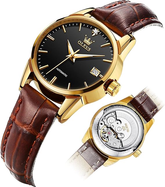 Brown Leather Strap Dress Watches Black Dial Automatic Mechanical Wrist