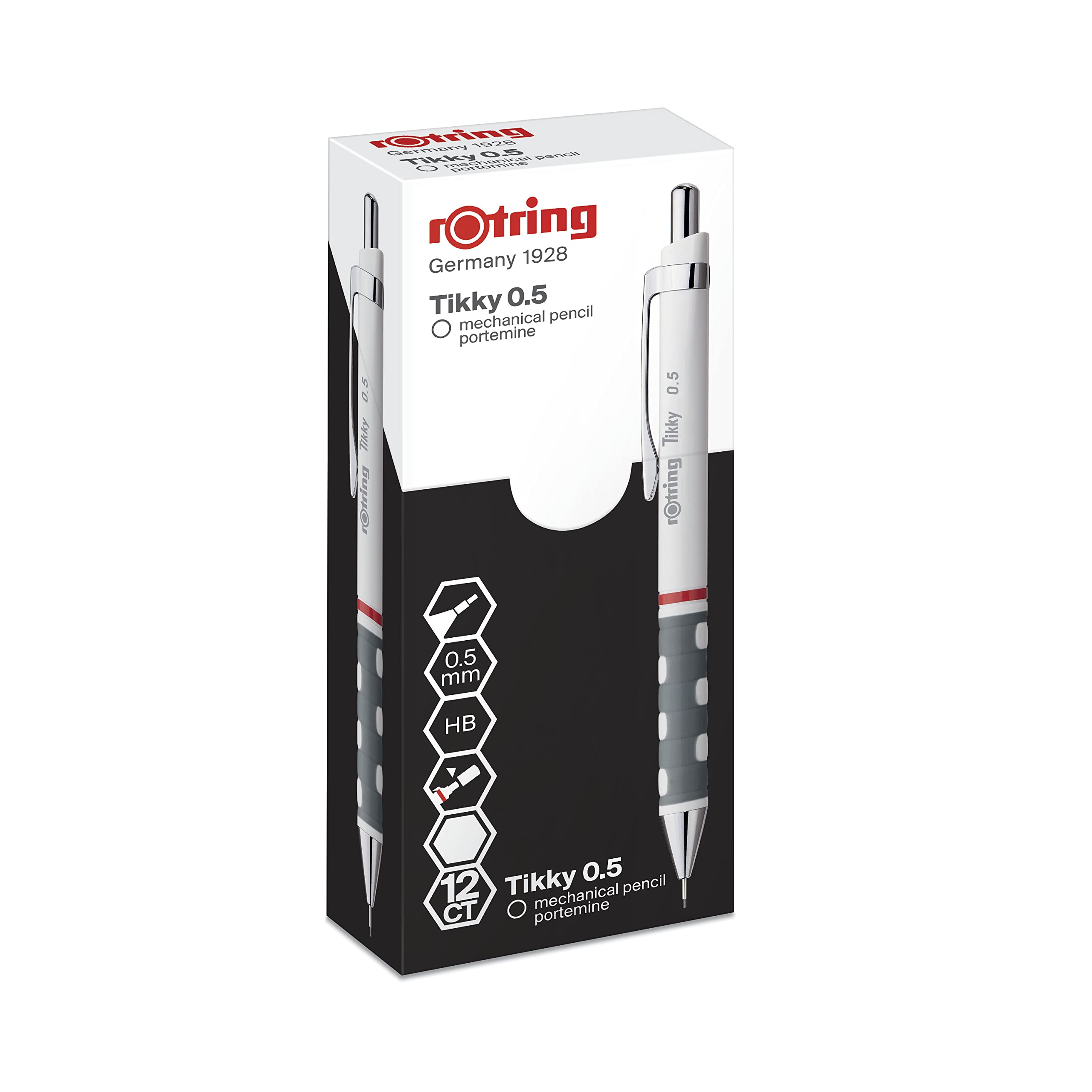 rOtring Tikky Mechanical Pencils, HB 0.5 mm, White Barrels, 12 Count