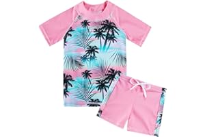 AIDEAONE Girls Rash Guard Swimsuit Short Sleeve Two Piece Bathing Suit Size 3-12T