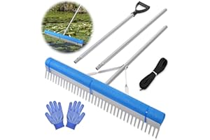 ZZM Floating Weed Lake Rake, 36" Aluminum Landscape Rake with Adjustable Handle, 33FT Rope & Float, Weed & Algae Removal of Leaves, Floating Scum, Multifunctional Detachable Aquatic Weed Rake with Gloves